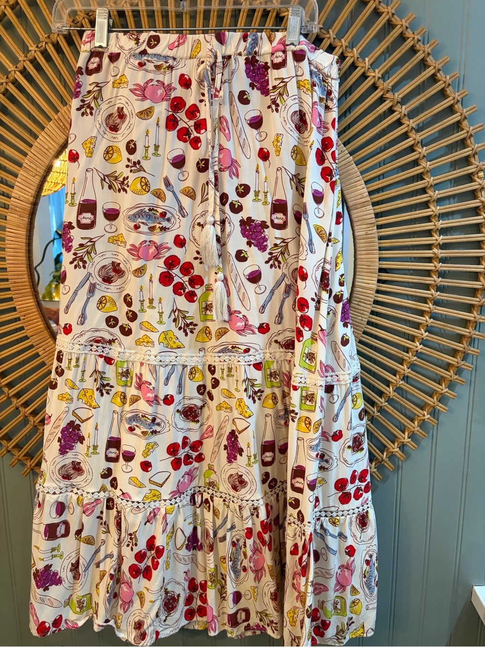 Women’s indigo rose, maxi skirt, food, and wine motif size large